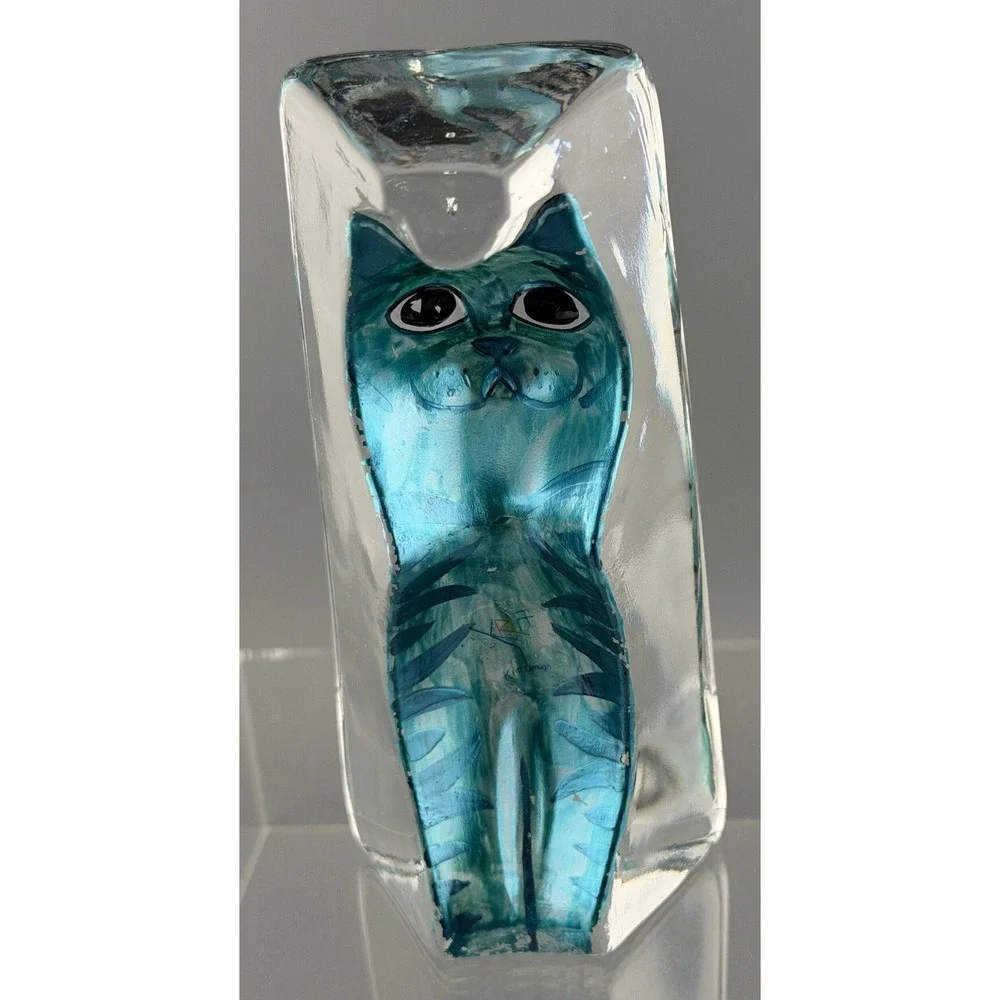 Vintage Paperweight Cat Kriff Design Art Glass Blue Hand Painted 6